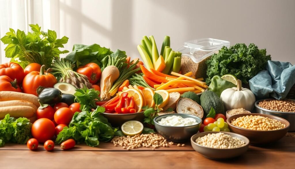 A bountiful assortment of nutritious whole foods arranged artfully on a wooden table against a backdrop of soft natural light. A variety of fresh vegetables, lean proteins, and whole grains create a visually appealing and balanced intermittent fasting meal plan. The scene exudes a sense of wellness and mindfulness, reflecting the principles of the bodylossweight.com guide to intermittent fasting. Subtle shadows and a shallow depth of field emphasize the carefully curated selection of nourishing ingredients, inspiring the reader to embark on their own intermittent fasting journey.