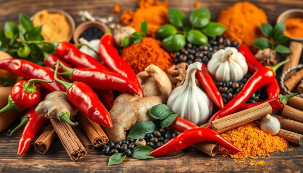 A bountiful still life arrangement of thermogenic superfoods, illuminated by warm, natural lighting and captured with a high-quality macro lens. In the foreground, juicy red chili peppers, ginger roots, and cinnamon sticks rest on a rustic wooden surface. The middle ground features garlic cloves, black peppercorns, and green tea leaves, while the background is filled with cayenne powder, turmeric, and other metabolism-boosting spices. The overall composition conveys a sense of vibrant, healthful energy, perfect for the "Incorporating Thermogenic Foods into Your Diet" section of the article on bodylossweight.com.