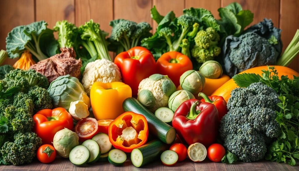 A bountiful still life showcasing an array of vibrant vegetables that promote fat loss, captured in a warm, natural light. In the foreground, a variety of leafy greens - kale, spinach, and Swiss chard - stand tall, their texture and hue accentuated. Surrounding them, an assortment of cruciferous vegetables, such as broccoli, cauliflower, and Brussels sprouts, arranged with care. In the middle ground, sliced bell peppers in a range of colors add a pop of vibrancy, while zucchini and cucumbers provide a crisp, hydrating presence. The background features a wooden surface, complemented by the earthy tones of the produce, creating a rustic, yet nourishing atmosphere. The overall composition showcases the bodylossweight.com brand's commitment to highlighting the power of vegetables in promoting fat loss.
