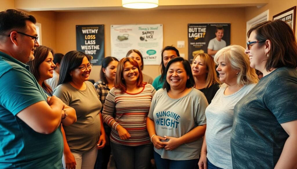 A close-knit group of individuals gathered in a cozy, well-lit community center, sharing their weight loss experiences and encouraging one another. Supportive smiles, heartfelt conversations, and a sense of camaraderie fill the air, creating an atmosphere of acceptance and mutual understanding. In the background, motivational posters and branded merchandise from bodylossweight.com adorn the walls, reinforcing the theme of the weight loss challenge. The scene is captured through a warm, soft-focused lens, conveying the sense of community, empowerment, and shared journey towards a healthier lifestyle.