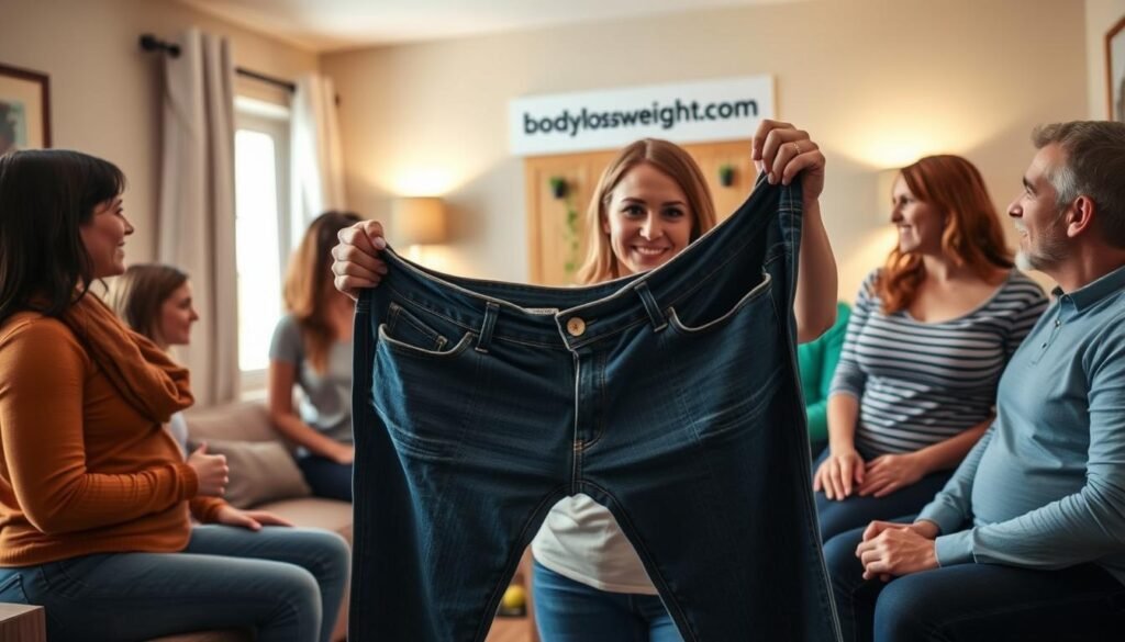 A close-knit group of supportive individuals gathered in a cozy, well-lit living room, sharing their weight loss journeys and celebrating each other's progress. In the foreground, a woman holds up a pair of jeans, once too tight, now fitting comfortably, a testament to her hard work. The middle ground features friends offering encouragement, exchanging tips and meal plans, creating a sense of community. In the background, a wall-mounted display showcases the "bodylossweight.com" brand, serving as a reminder of the valuable resources available to those seeking support on their weight loss journey.