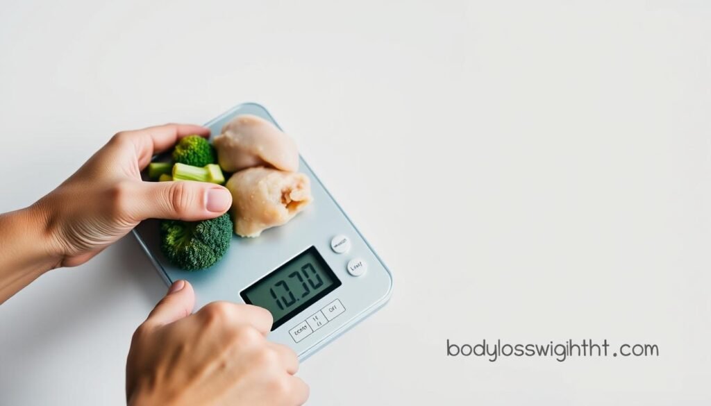 A close-up, high-resolution photograph of a person's hand holding a digital food scale, weighing various healthy food items such as chicken, broccoli, and rice. The image has a clean, minimalist background, with a soft, directional lighting that emphasizes the textures and colors of the food. The overall mood is one of focus and intentionality, conveying the importance of accurately tracking macros for weight loss. In the corner of the image, the website "bodylossweight.com" is prominently displayed.