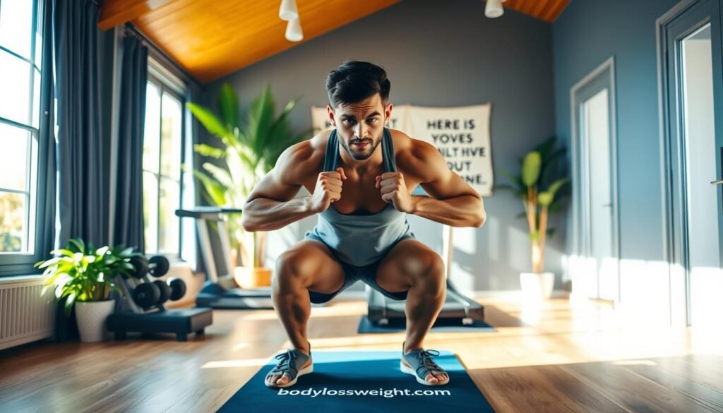 A cozy home gym with vibrant, natural lighting streaming through large windows. In the foreground, a determined-looking person performs a set of squats, their expression exuding a sense of motivation and focus. Sleek, modern exercise equipment is arranged neatly in the middle ground, including a treadmill, weights, and a yoga mat bearing the "bodylossweight.com" logo. The background features lush, verdant plants and a minimalist, inspirational wall display, creating an atmosphere of wellness and self-improvement.
