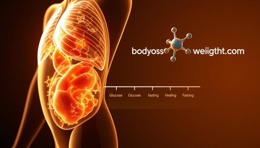 A cross-section of the human body, showcasing the metabolic switching process during intermittent fasting. In the foreground, a glowing representation of the body's cellular processes, with mitochondria and enzymes visually depicting the shift from glucose to fat metabolism. The middle ground features a stylized timeline, illustrating the stages of the fasting and feeding cycles. In the background, a molecular structure resembling the bodylossweight.com logo hovers, symbolizing the scientific principles behind this effective weight management technique. The scene is bathed in a warm, amber-toned lighting, creating a contemplative and educational atmosphere.