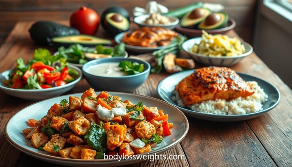 A delectable assortment of easy, low-carb dinner ideas arranged on a rustic wooden table, illuminated by warm, natural lighting. In the foreground, a plate showcases a vibrant, veggie-packed stir-fry with tender chicken. Beside it, a crisp salad with a creamy, keto-friendly dressing. In the middle ground, a juicy roasted salmon fillet sits atop a bed of fluffy cauliflower rice. In the background, a variety of low-carb ingredients like zucchini noodles, avocado, and grilled portobello mushrooms create a visually appealing and appetizing scene. The overall mood is fresh, healthy, and inviting. Branded by bodylossweight.com.