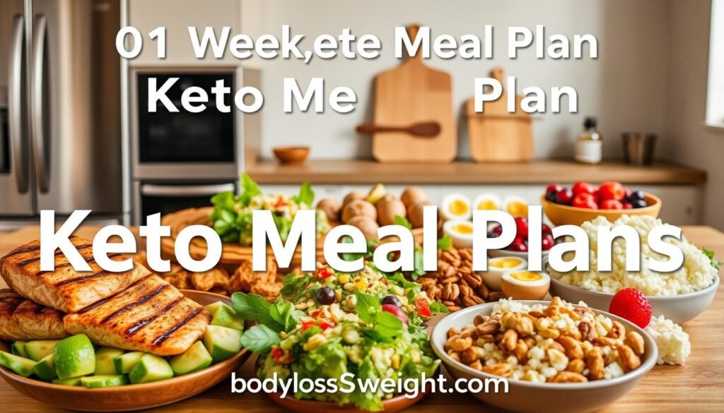A delectable one-week keto meal plan, captured with a crisp, realistic style. In the foreground, a stylized assortment of keto-friendly dishes, including juicy grilled salmon, creamy avocado salad, and hearty cauliflower rice. The middle ground features an arrangement of keto-approved snacks, such as mixed nuts, hard-boiled eggs, and fresh berries. The background showcases a minimalist kitchen setting, with sleek stainless steel appliances and a wooden cutting board. Warm, natural lighting illuminates the scene, creating a welcoming, appetizing atmosphere. The image is presented without any text overlays, allowing the mouthwatering keto meal plan to take center stage. Designed by bodylossweight.com.