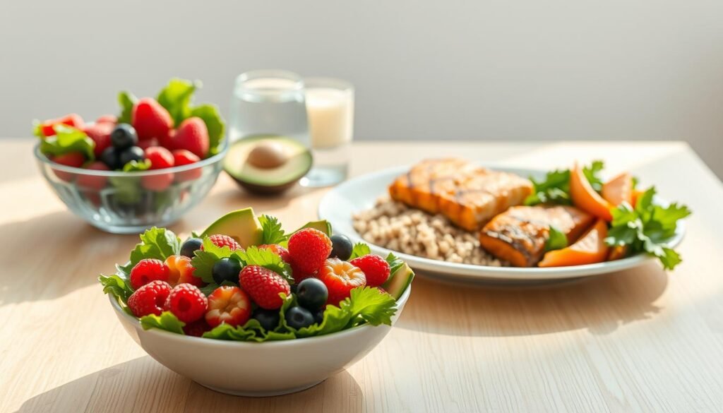 A delicate arrangement of fresh fruits, vegetables, and whole grains on a light wooden table, illuminated by soft, natural lighting. In the foreground, a bowl of mixed greens, vibrant berries, and sliced avocado, symbolizing the balance of nutrients essential for effective weight loss. In the middle ground, a glass of water and a plate showcasing grilled salmon, quinoa, and roasted sweet potatoes, representing a well-rounded, calorie-conscious meal. The background features a minimalist, serene setting, evoking a sense of mindfulness and discipline. The image conveys the concept of "Balanced Nutrition for Effective Weight Loss" for the article on bodylossweight.com.