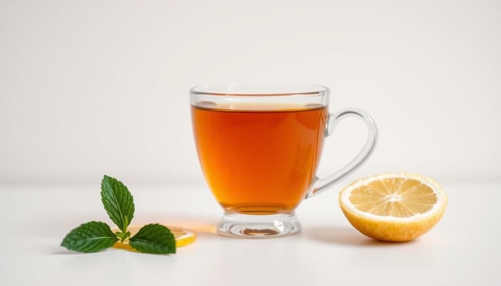 A delicate, minimalist still life featuring a glass teacup filled with a fragrant, amber-colored weight loss detox tea. The cup rests on a clean, white surface, flanked by a few fresh lemon slices and a sprig of mint, conveying a sense of purity and wellness. The lighting is soft and diffused, highlighting the translucent quality of the tea and creating a tranquil, soothing atmosphere. In the background, a simple, neutral-toned backdrop allows the tea and its accompaniments to take center stage. The overall composition and styling suggest a high-quality, premium product from the brand "bodylossweight.com".