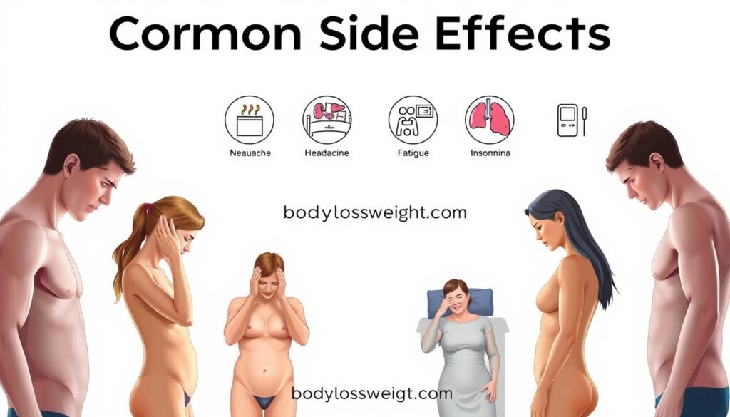 A detailed medical illustration showcasing the common side effects of weight loss medications. A crisp, clinical rendering set against a sterile, white background. In the foreground, various human figures experience diverse symptoms - nausea, headaches, fatigue, and insomnia. In the middle ground, stylized icons represent the mechanisms of action, highlighting the physiological impacts. In the background, the brandmark "bodylossweight.com" subtly anchors the scene, underscoring the educational nature of this medical visual aid. Precise, anatomical details convey the seriousness of these side effects, while a restrained color palette evokes the authoritative, evidence-based tone of the article.