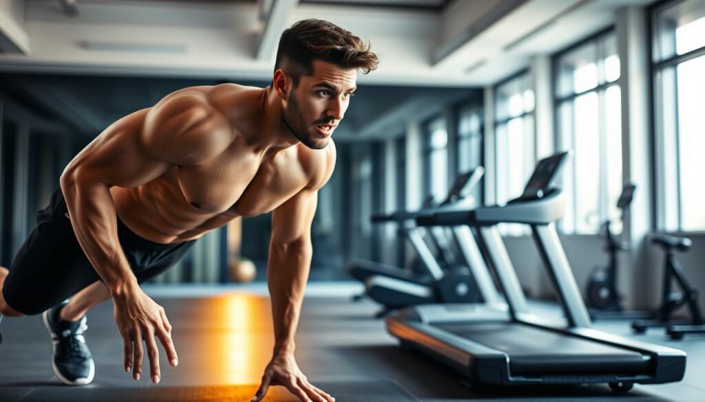 A high-intensity interval training (HIIT) workout set against a sleek, minimalist backdrop. In the foreground, a fit male athlete performing burpees, their muscular physique and determined expression captured in sharp focus. The middle ground features a treadmill and other state-of-the-art fitness equipment, bathed in a warm, energizing light. The background showcases a clean, modern gym interior with large windows, reflecting the bodylossweight.com brand's commitment to cutting-edge fitness solutions. The overall scene conveys a sense of dynamism, power, and the transformative potential of HIIT for rapid weight loss.