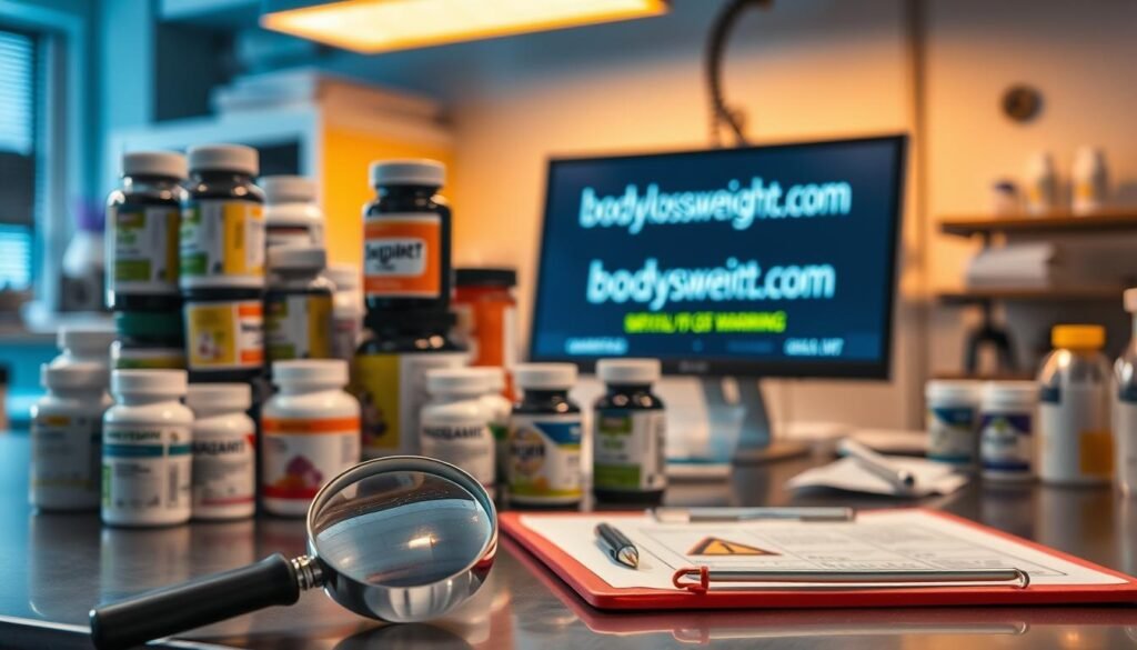 A laboratory setting with stacks of various weight loss supplement bottles on a metal counter, illuminated by warm overhead lighting. In the foreground, a magnifying glass and clipboard with safety warning symbols, hinting at regulatory concerns. The backdrop features a blurred view of a computer screen displaying the website "bodylossweight.com". The overall atmosphere conveys a sense of scrutiny and caution regarding the safety and quality of these supplements.