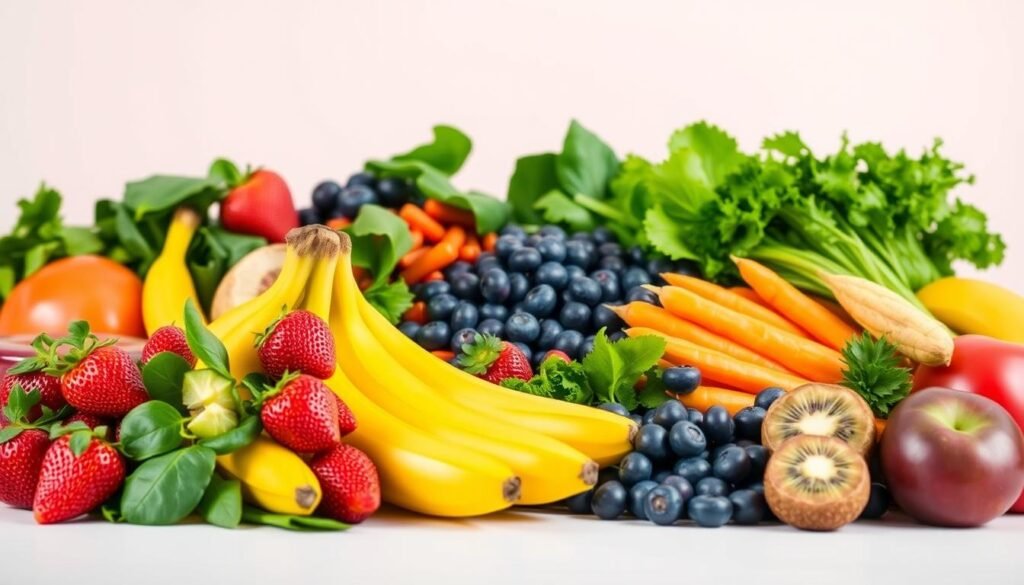 A lush, vibrant arrangement of fresh fruits and vegetables against a clean, minimalist background. In the foreground, a selection of smoothie staples - ripe bananas, sweet strawberries, crisp spinach, and juicy kiwi. In the middle ground, colorful piles of blueberries, carrots, and leafy greens. The background features a soft, gradient backdrop, creating a sense of depth and focus on the key ingredients. Soft, natural lighting accentuates the vibrant hues and textures, conveying a healthy, organic feel. The composition is balanced and visually appealing, showcasing the key elements for creating delicious weight loss smoothies from bodylossweight.com.