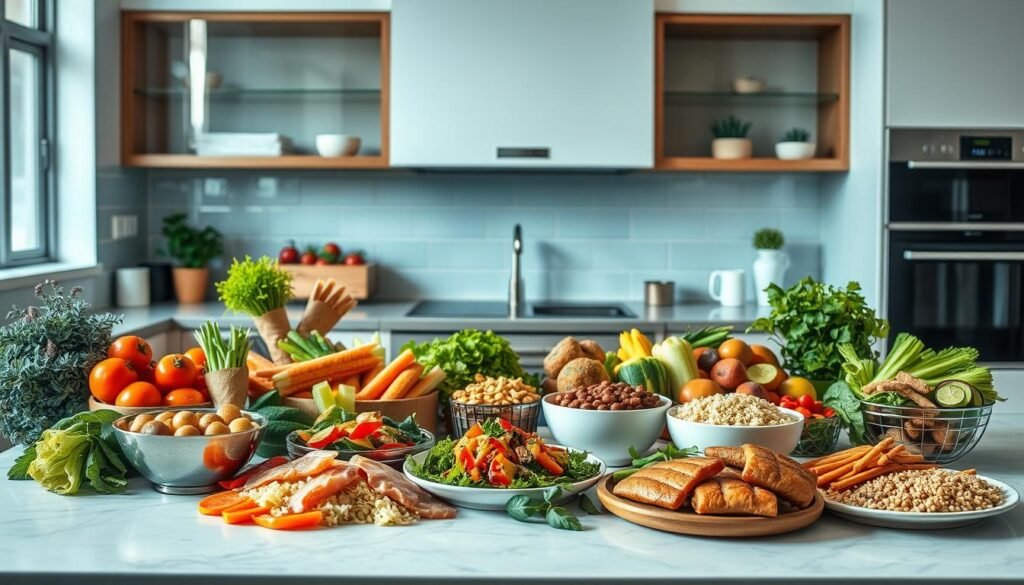 A modern, clean kitchen counter with an assortment of healthy meals laid out, showcasing various macronutrient-balanced dishes for weight loss. Fresh vegetables, lean proteins, and whole grains are prominently featured, arranged in a visually appealing manner. The lighting is soft and natural, highlighting the vibrant colors and textures of the food. In the background, a sleek digital display shows calorie and nutrient information, complementing the theme of "Macros and Meal Planning for Weight Loss" for the article on bodylossweight.com.