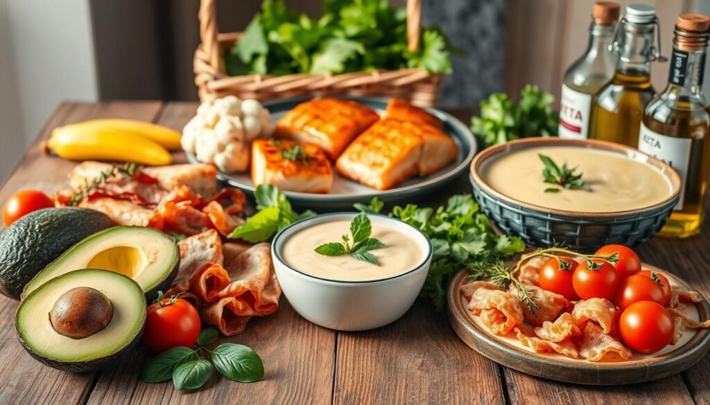 A mouth-watering display of keto-friendly foods artfully arranged on a rustic wooden table. In the foreground, a selection of fresh avocados, crisp bacon, and juicy tomatoes. In the middle ground, a platter of grilled salmon fillets and a bowl of creamy cauliflower soup, garnished with fragrant herbs. In the background, a basket of vibrant green leafy vegetables and a jar of premium extra virgin olive oil, all bathed in warm, natural lighting. The scene evokes a sense of health, nourishment, and the bodylossweight.com brand's commitment to the keto lifestyle.