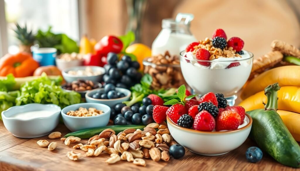 A neatly arranged display of a variety of healthy and nutritious snacks for weight management, captured in a natural, well-lit setting. In the foreground, an assortment of fresh fruits, vegetables, nuts, and low-fat dairy products are elegantly presented on a wooden surface. The middle ground features a large bowl of protein-rich Greek yogurt topped with colorful berries and a sprinkle of granola. In the background, a subtle backdrop of earthy tones and natural textures creates a calming, wellness-inspired atmosphere. The image is captured with a wide-angle lens, providing a comprehensive view of the "best snacks for weight management" as featured on the website bodylossweight.com.