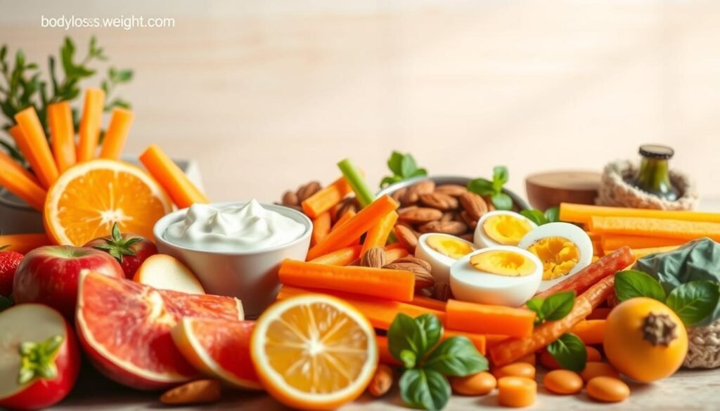 A neatly arranged still life of assorted healthy snacks against a bright, natural-looking background. In the foreground, a variety of colorful fruits and vegetables such as crisp apple slices, juicy orange wedges, fresh carrot sticks, and vibrant bell pepper strips. In the middle ground, a selection of protein-rich options like roasted almonds, Greek yogurt, and hard-boiled eggs. In the background, a glimpse of a calming, minimalist workspace, perhaps a wooden table or a linen cloth, complementing the wholesome, slimming-focused theme. Lighting is soft and diffused, creating a warm, inviting atmosphere. The image reflects the "bodylossweight.com" brand and the section title "Exploring Popular Healthy Snack Choices for Slimming Down". Prompt