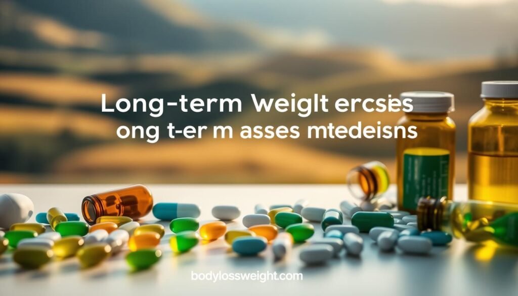 A serene and calming scene showcasing long-term weight loss medications. In the foreground, a neat arrangement of various capsules, tablets, and bottles in shades of blue, green, and amber, hinting at their purpose. The middle ground features a softly blurred background of a serene, natural landscape with rolling hills and a distant horizon, conveying a sense of balance and wellness. Warm, natural lighting bathes the scene, creating a tranquil and inviting atmosphere. The overall composition evokes a feeling of confidence and trust in the long-term approach to weight management, with the website "bodylossweight.com" discreetly present.