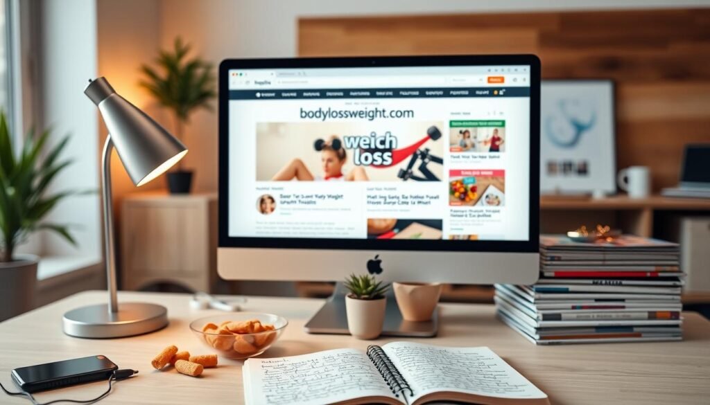 A serene home office scene with a large, sleek desktop computer screen displaying the website "bodylossweight.com", showcasing a variety of weight loss resources and articles. In the foreground, a minimalist desk with a stylish lamp, a healthy snack, and a notebook filled with handwritten notes. The middle ground features a potted plant and a neatly organized stack of health and fitness magazines. The background is softly blurred, creating a cozy and focused atmosphere, with hints of warm lighting and natural elements like wood or plants visible, conveying a sense of wellness and productivity.