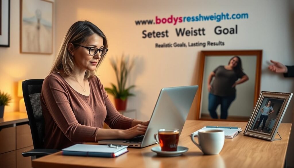 A serene home office scene with a woman sitting at a desk, focused on her laptop. Soft, warm lighting illuminates the space, creating a contemplative atmosphere. On the desk, a journal, a cup of tea, and a framed photo of the woman's healthier self, inspiring her weight loss journey. In the background, a motivational wall display showcases the "bodylossweight.com" brand and the words "Realistic Goals, Lasting Results". The woman's expression is one of determination and self-care, embodying the "Setting Realistic Weight Loss Goals" concept.