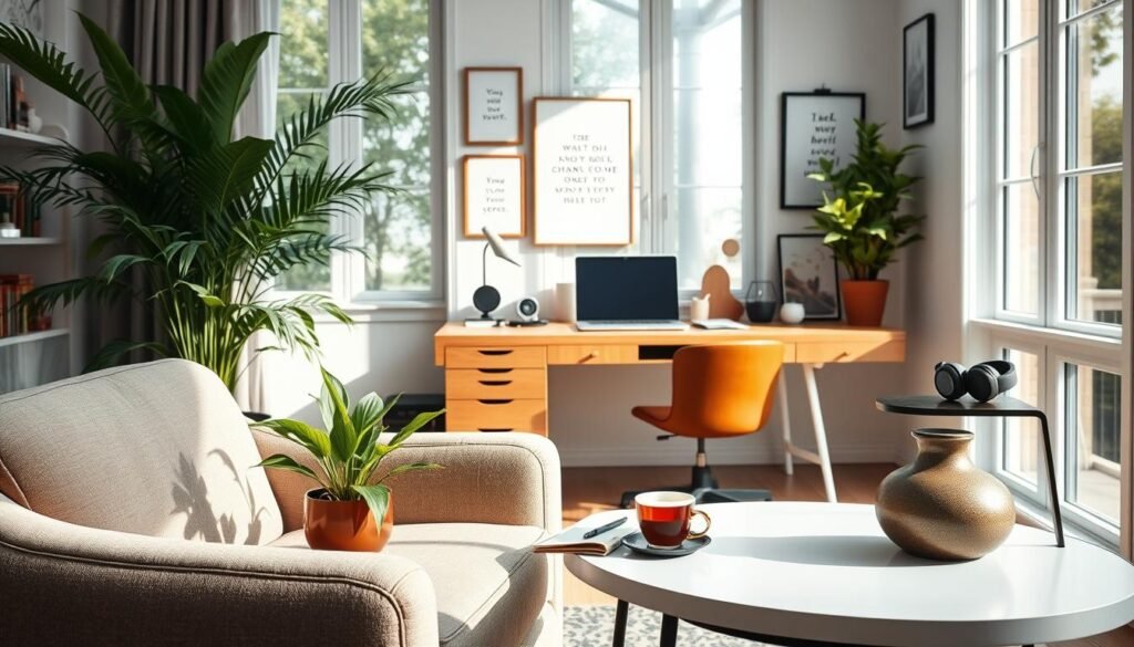 A serene home office with natural lighting streaming through large windows, showcasing an array of mindfulness and wellness tools. In the foreground, a plush armchair and a stylish side table displaying a potted plant, a journal, and a cup of herbal tea. In the middle ground, a minimalist desk with a laptop, a pair of noise-cancelling headphones, and a small fountain adding a calming ambiance. The background features a wall adorned with framed artwork and inspirational quotes, exuding a sense of tranquility. The overall scene conveys a workspace that promotes bodylossweight.com's philosophy of managing stress to support weight loss goals.