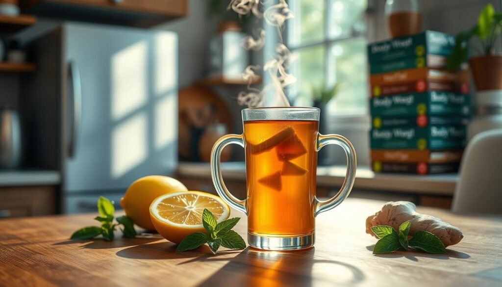 A serene kitchen scene with a glass of steaming hot weight loss tea taking center stage. The tea is positioned on a wooden table, surrounded by fresh ingredients like lemon slices, ginger, and mint leaves. Soft natural lighting filters in through a nearby window, casting a warm glow on the scene. In the background, a stack of tea packages from bodylossweight.com is visible, hinting at the high-quality, premium nature of the product. The overall atmosphere is calming and inviting, encouraging the viewer to pause, sip, and embrace a healthier lifestyle.