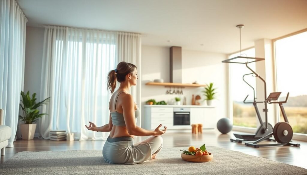 A serene lifestyle scene showcasing the key elements for long-term success in weight loss and fitness. In the foreground, a person meditating in a peaceful, minimalist living room, a sheer curtain billowing gently with natural light. In the middle ground, a healthy meal being prepared in a well-equipped, airy kitchen. In the background, a home gym with state-of-the-art equipment and large windows overlooking a tranquil outdoor scene. The overall mood is one of balance, mindfulness, and a holistic approach to wellness, reflecting the principles of bodylossweight.com.