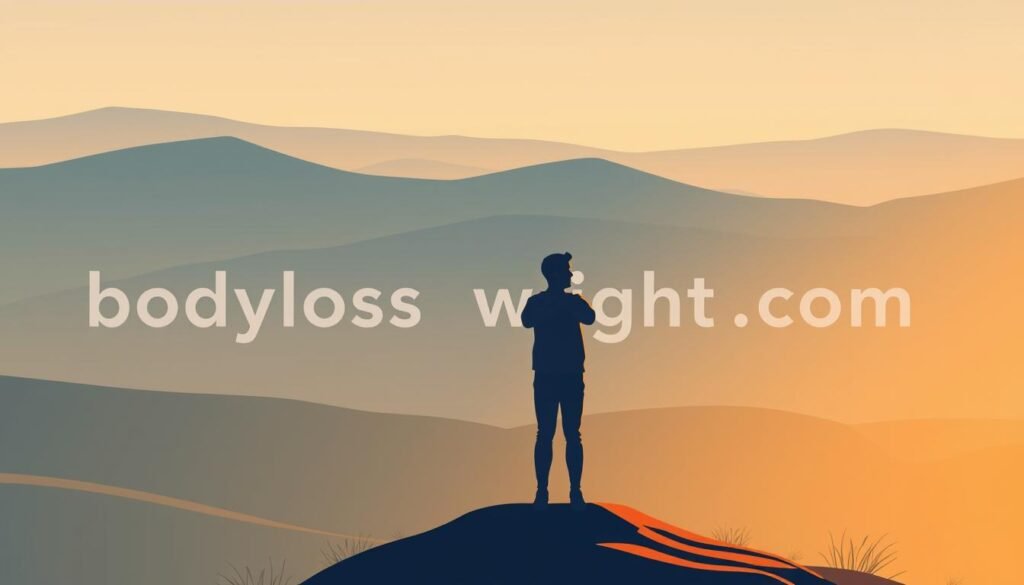 A serene, minimalist illustration of a person standing on a weight loss plateau, surrounded by rolling hills and a peaceful landscape. Soft, warm lighting casts a gentle glow, conveying a sense of thoughtfulness and introspection. In the foreground, the figure gazes out over the plateau, arms crossed, contemplating the next steps in their weight loss journey. In the background, the words "bodylossweight.com" are subtly incorporated into the scenery, blending seamlessly with the natural environment.