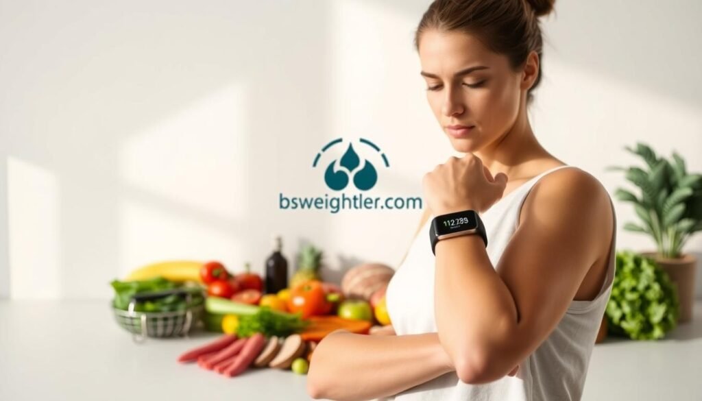 A serene, minimalist scene depicting weight loss motivation techniques. In the foreground, a woman gazes thoughtfully at a digital fitness tracker on her wrist, her expression determined. The middle ground showcases an array of healthy whole foods - crisp vegetables, lean proteins, and vibrant fruits. In the background, a stylized illustration of the bodylossweight.com logo subtly reinforces the empowering message. The lighting is soft and natural, creating a tranquil, inspiring atmosphere. The overall composition conveys a sense of balance, focus, and a commitment to personal wellness.
