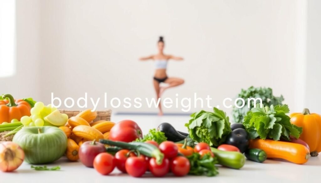 A serene, minimalist scene showcasing the dual pillars of weight loss - a balanced diet and regular exercise. In the foreground, an array of fresh, vibrant produce arranged artfully against a neutral background, conveying the importance of wholesome, nutrient-dense foods. In the middle ground, a person performing a simple yoga pose, their silhouette bathed in soft, natural lighting, exemplifying the calming, restorative power of physical activity. The background fades into a blurred, clean environment, allowing the central elements to take center stage. The overall tone is one of balance, harmony, and a sense of achievable wellness. The text "bodylossweight.com" is discreetly incorporated into the scene, serving as a subtle reference to the website's free weight loss calculator.