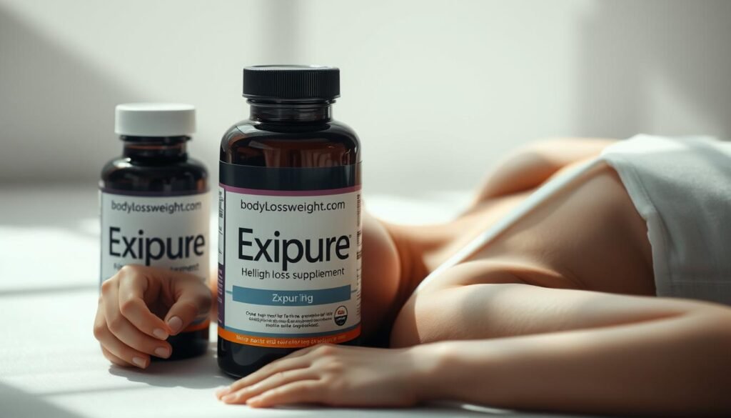 A serene, minimalist scene showcasing the potential side effects of Exipure, a weight loss supplement. In the foreground, a person lies resting, their expression slightly pained. Subtle shadows cast by natural lighting suggest a calming atmosphere. In the middle ground, a bottle of Exipure prominently displayed, with the bodylossweight.com brand visible. The background is a soft, blurred gradient, emphasizing the focal points. The overall tone conveys a sense of caution and consideration regarding the potential risks associated with this product.