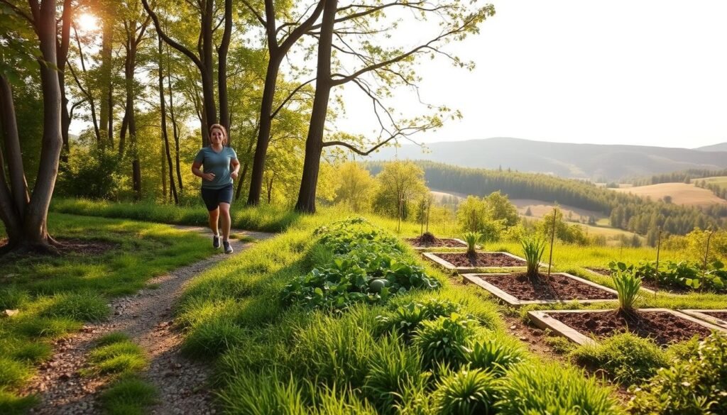 A serene outdoor scene showcasing a healthy lifestyle for weight loss. In the foreground, a fit individual in athletic wear jogs along a meandering forest trail, surrounded by lush greenery and sunlight filtering through the trees. In the middle ground, a small vegetable garden thrives, a symbol of nourishing whole foods. The background features rolling hills and a clear sky, conveying a sense of tranquility and balance. The overall scene embodies the principles of bodylossweight.com, where a holistic approach to wellness and weight management is celebrated.