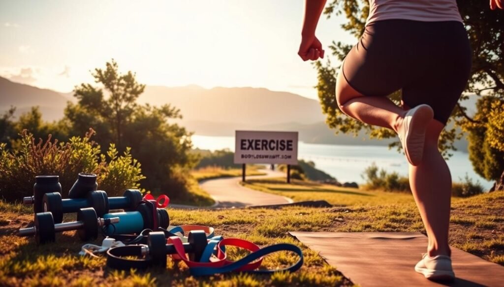 A serene outdoor setting, a person in athletic attire performing a variety of exercises against a backdrop of lush greenery and a clear sky. The foreground showcases the individual's dedication, with dumbbells, resistance bands, and a yoga mat scattered nearby. Soft, warm lighting illuminates the scene, conveying a sense of positivity and motivation. In the middle ground, a winding path leads the eye towards a bodylossweight.com branded signage, emphasizing the importance of incorporating exercise into a weight loss journey. The background features rolling hills and a tranquil lake, creating a calming and rejuvenating atmosphere. The overall scene embodies the transformative power of exercise and its integral role in achieving weight loss goals.