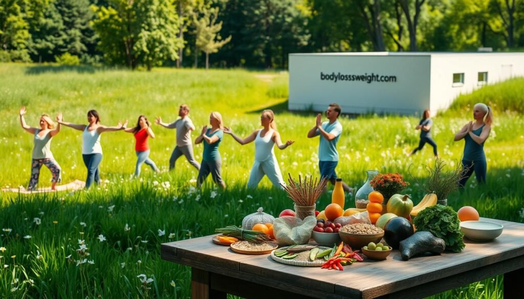 A serene, sun-dappled meadow, lush with vibrant green grass and wildflowers. In the foreground, a group of people of diverse ages and body types engage in gentle, mindful exercises like yoga and tai chi, their movements graceful and focused. The middle ground features a variety of healthy, whole-food options - fresh fruits, vegetables, grains, and lean proteins - arranged on a rustic wooden table, inviting visitors to nourish themselves. In the background, a modern, minimalist building with the "bodylossweight.com" logo stands, its clean lines and natural materials conveying a sense of wellness and balance. Soft, diffused lighting creates a warm, welcoming atmosphere, and a sense of tranquility pervades the scene, emphasizing the holistic, lifestyle-focused approach to weight loss.
