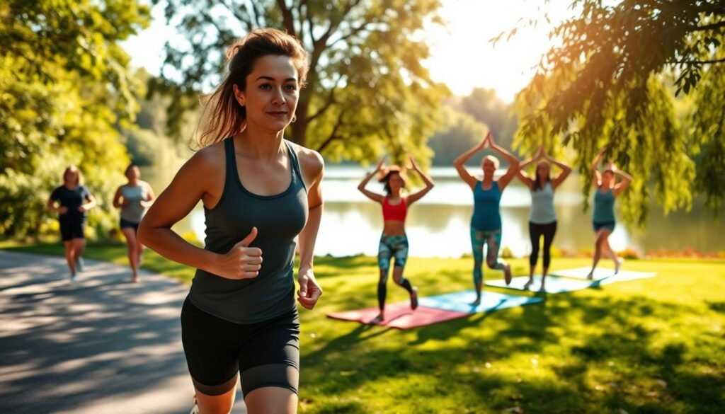 A serene, sun-drenched outdoor scene showcases a diverse group of individuals engaged in various effective weight loss strategies. In the foreground, a person jogs on a winding path, their determined expression captured in a medium shot. In the middle ground, a group practices low-impact yoga, their bodies in graceful poses. In the background, a tranquil lake reflects the surrounding lush greenery, creating a calming atmosphere. The lighting is soft and natural, accentuating the healthy glow of the participants. This visually compelling scene, captured with a wide-angle lens, embodies the transformative power of "bodylossweight.com" and its effective weight loss strategies.