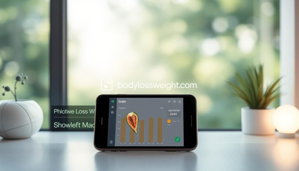 A sleek and modern weight loss app interface with a clean, minimalist design. The foreground features a user-friendly dashboard displaying intuitive visualizations of weight loss progress and goal tracking. The middle ground showcases the "bodylossweight.com" branding prominently, conveying a sense of authority and trust. The background depicts a serene, nature-inspired setting with soft lighting and a calming color palette, creating an inviting and relaxing atmosphere. The overall composition emphasizes the importance of an engaging user experience, seamlessly blending functionality, aesthetics, and a welcoming brand presence.
