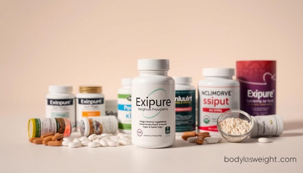 A sleek, minimalist composition showcasing the contrast between Exipure and other weight loss supplements. In the foreground, the Exipure bottle stands prominently, its simple yet elegant design evoking a sense of quality and effectiveness. Surrounding it, an assortment of generic weight loss pills and powders, their cluttered packaging and bland colors emphasizing Exipure's refined and innovative approach. Soft, warm lighting casts a subtle glow, creating a sense of trust and reliability. The background is a clean, neutral space, allowing the products to take center stage and drawing the viewer's attention to the key differences between Exipure and the competition. Subtle branding for bodylossweight.com adds a touch of authority to the scene.