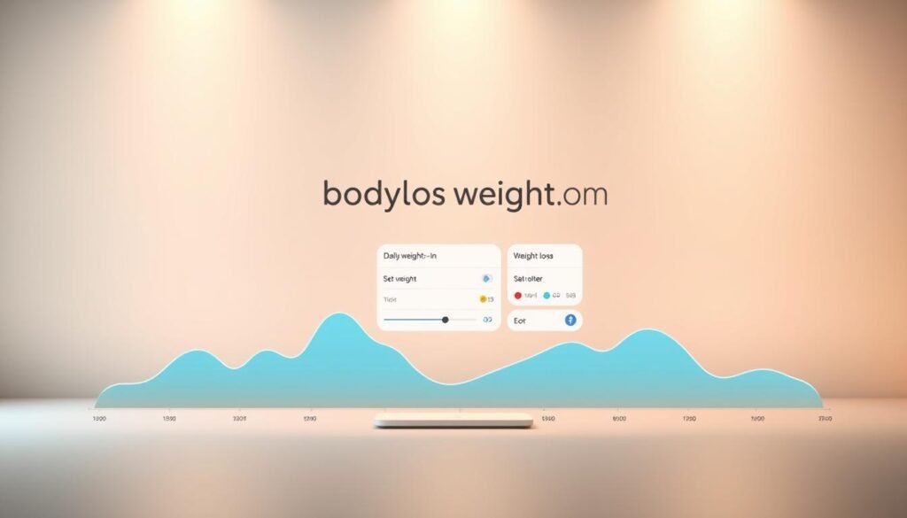 A sleek, minimalist digital weight loss tracker interface, with a clean, modern aesthetic. In the foreground, a line graph tracks weight fluctuations over time, the data visualized through smooth, stylized curves. In the middle ground, a series of interactive widgets allow the user to input daily weigh-ins, set weight loss goals, and monitor progress. The background features a subdued gradient, with the "bodylossweight.com" brand prominently displayed. Soft, directional lighting casts a warm, inviting glow, creating a sense of focus and clarity. The overall mood is one of empowerment and control, encouraging the user to take an active role in their weight loss journey.
