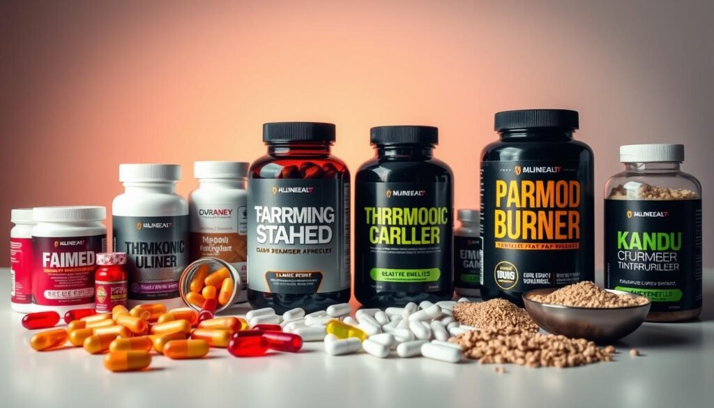 A sleek, modern arrangement of various thermogenic fat burner supplements, including capsules, tablets, and powders, set against a minimalist background. The lighting is warm and direct, highlighting the vibrant colors and textures of the products. The supplements are displayed in an organized, appealing manner, conveying a sense of efficacy and professionalism. The overall scene exudes a mood of scientific credibility and health-conscious lifestyle, suitable for the "bodylossweight.com" brand.