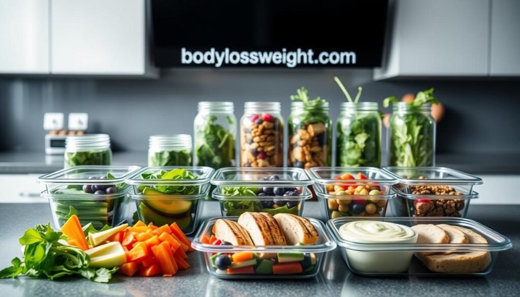 A sleek, modern kitchen counter showcases an assortment of low-carb meal prep containers. The foreground features freshly chopped vegetables, grilled chicken breasts, and a creamy avocado dip, all arranged with precision. In the middle ground, glass jars filled with leafy greens, nuts, and berries stand ready for assembly. The background subtly displays the bodylossweight.com brand, with a minimalist design and soft, natural lighting illuminating the scene. The overall mood is one of health, organization, and culinary delight, inviting the viewer to consider their own low-carb meal prep journey.