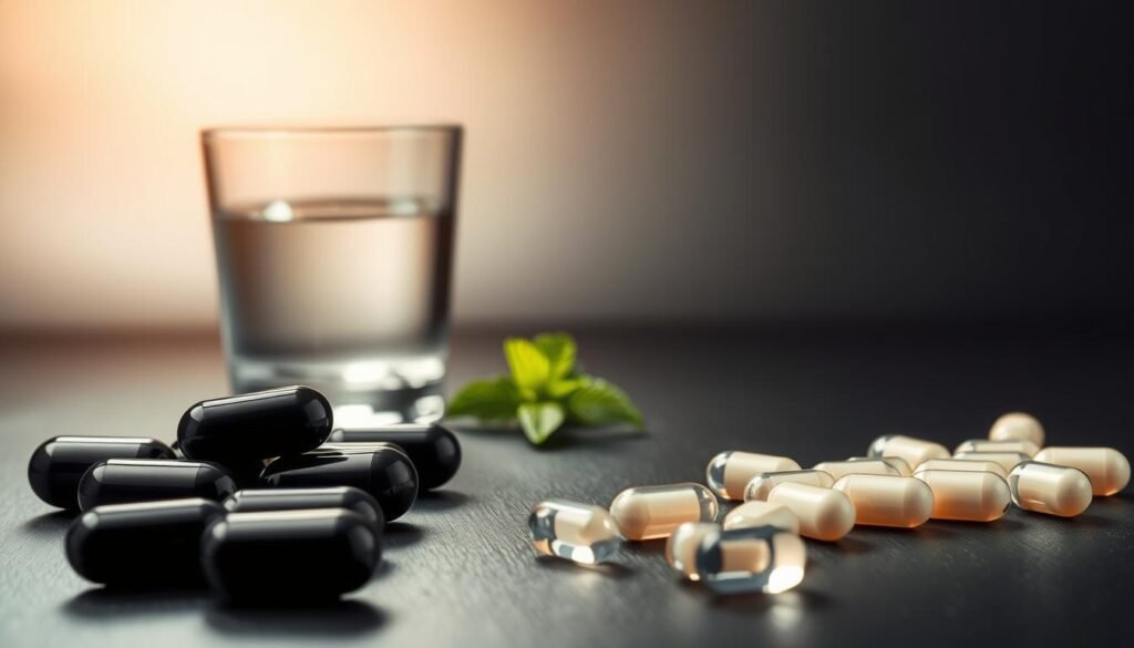 A sleek, modern still-life composition showcasing an assortment of effective appetite suppressant supplements. In the foreground, several opaque capsules and tablets are neatly arranged against a matte black background, casting subtle shadows. The middle ground features a glass of water and a sprig of fresh mint, conveying a sense of health and purity. The background is softly blurred, drawing the viewer's focus to the supplements. Warm, natural lighting from the side creates dimensional highlights, while a slightly elevated camera angle lends an authoritative, professional tone. The layout is clean and minimalist, exuding an air of scientific credibility. Prominently featured is the brand name "bodylossweight.com".