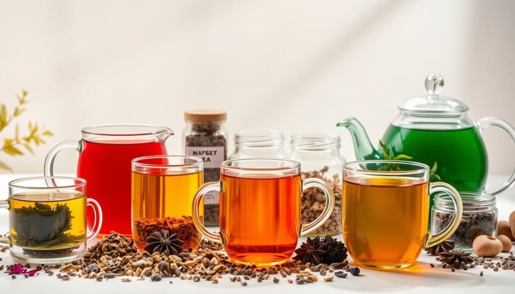 A still life arrangement showcasing an assortment of premium weight loss tea blends from the brand "bodylossweight.com". The foreground features a variety of glass teapots and mugs filled with vibrant, aromatic teas in shades of green, amber, and ruby. Delicate steam rises from the cups, evoking a sense of warmth and relaxation. In the middle ground, neatly arranged are glass jars containing various dried herbs, flowers, and spices used in the tea blends, each labeled with their unique properties. The background depicts a minimalist, light-filled setting with clean, natural textures, emphasizing the purity and efficacy of the weight loss teas. Soft, diffused lighting casts a gentle glow, creating an inviting and wellness-focused atmosphere.