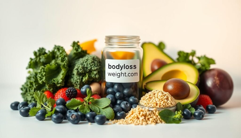A stylish close-up composition of various nutrient-dense superfoods against a clean, minimalist background. In the foreground, an array of vibrant fruits and vegetables including blueberries, kale, avocado, and quinoa, neatly arranged to create an aesthetically pleasing display. The lighting is soft and natural, highlighting the rich colors and textures of the ingredients. In the middle ground, a glass jar or bottle labeled "bodylossweight.com" stands prominently, subtly promoting the brand. The overall mood is one of health, vitality, and simplicity, conveying the message of incorporating wholesome, nutrient-rich foods into a weight loss regimen for men.