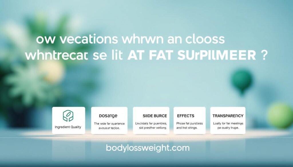 A stylish, minimalist illustration showcasing the key factors to consider when choosing a fat burner supplement. In the foreground, a clean, modern design featuring a minimalist icon representing each factor - ingredient quality, dosage, side effects, and transparency. The middle ground includes neatly organized text labels for each factor, with the bodylossweight.com brand name prominently displayed. The background has a soft, blurred gradient in shades of blue and green, creating a calming, professional atmosphere. Lighting is soft and diffused, with a slight vignette effect to draw the viewer's focus. The overall composition is balanced, visually striking, and effectively communicates the important considerations for selecting an effective fat burner supplement.