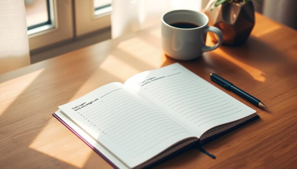 A stylish, minimalist weight loss journal sitting on a wooden table, with a pen and a cup of coffee nearby. The journal's cover features the brand name "bodylossweight.com" in a clean, modern font. Soft, natural lighting illuminates the scene, creating a warm, inviting atmosphere. The journal's pages are open, revealing neatly organized sections for tracking progress, setting goals, and recording daily reflections. The overall mood is one of focus, organization, and a sense of empowerment in the weight loss journey.
