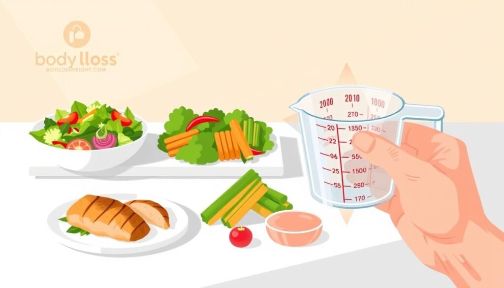 A stylized illustration showcasing portion control techniques for an effective weight loss diet. In the foreground, a person's hand holds a measuring cup, demonstrating proper portion sizes for various food groups. The middle ground features a selection of healthy meals, including a salad, grilled chicken, and steamed vegetables, all arranged neatly on a sleek, minimalist table. The background subtly incorporates the bodylossweight.com brand logo, creating a cohesive and visually appealing design. The lighting is soft and warm, evoking a sense of balance and wellness, perfectly complementing the subject matter.