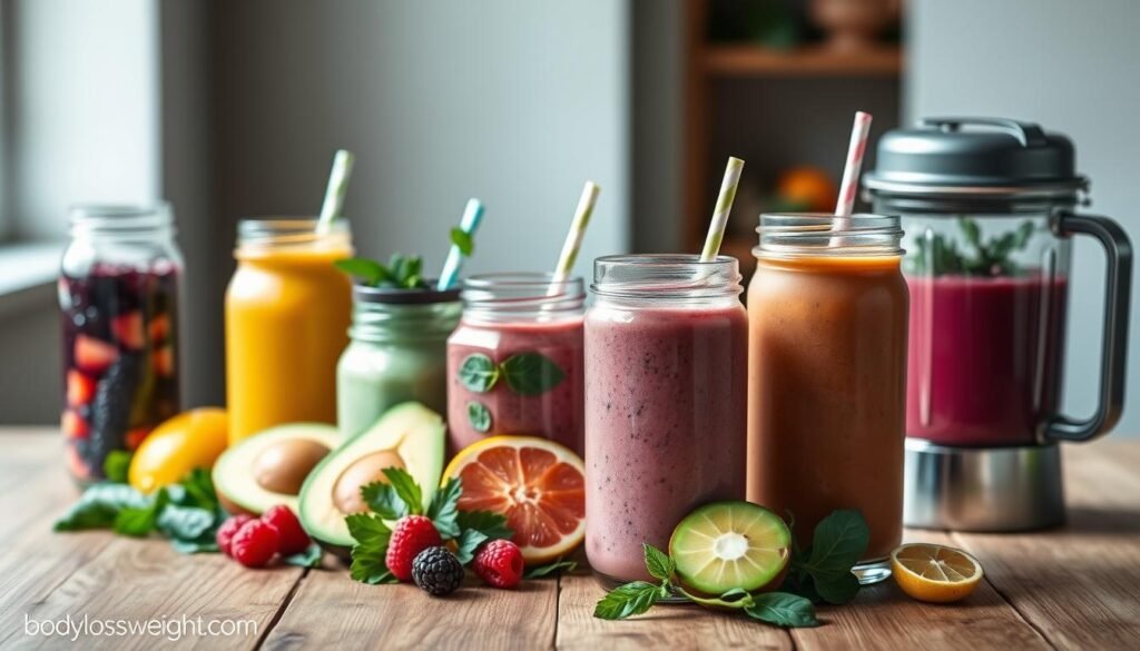 A vibrant, mouthwatering assortment of detox smoothie recipes, showcased on a wooden table against a soft, blurred background. The smoothies feature an array of fresh, colorful ingredients - juicy berries, leafy greens, creamy avocado, and zesty citrus. The lighting is natural and diffused, creating a warm, inviting atmosphere. In the foreground, glass jars and stainless steel blender containers hold the nutrient-rich smoothie blends, enticing the viewer to take a sip. The overall scene exudes a sense of health, vitality, and the bodylossweight.com brand's commitment to delicious weight loss solutions.