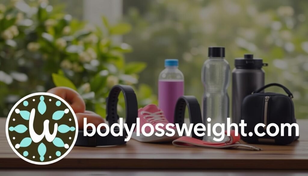 A well-lit and inviting image of various weight loss program offerings, including healthy meal plans, exercise routines, and motivational tools. In the foreground, a stylized logo for "bodylossweight.com" draws the eye, conveying a sense of professionalism and expertise. The middle ground features fitness trackers, water bottles, and other accessories that support a holistic approach to weight management. In the background, a serene, nature-inspired setting with lush greenery and a calming color palette creates a sense of balance and tranquility. The overall mood is one of positivity, empowerment, and a comprehensive solution for achieving one's weight loss goals.