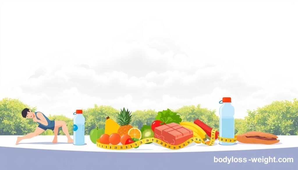 A well-lit, minimalistic illustration showcasing various weight loss techniques for men. In the foreground, a stylized male figure performs simple exercises like push-ups and lunges. The middle ground features healthy meal options, including fresh fruits, vegetables, and lean proteins, alongside a water bottle and a tape measure, symbolizing progress tracking. The background depicts a serene, nature-inspired setting with a cloudy sky and lush greenery, conveying a sense of balance and tranquility. The overall mood is aspirational, empowering, and promotes a sustainable approach to weight loss. Branding for "bodylossweight.com" discreetly appears in the corner.
