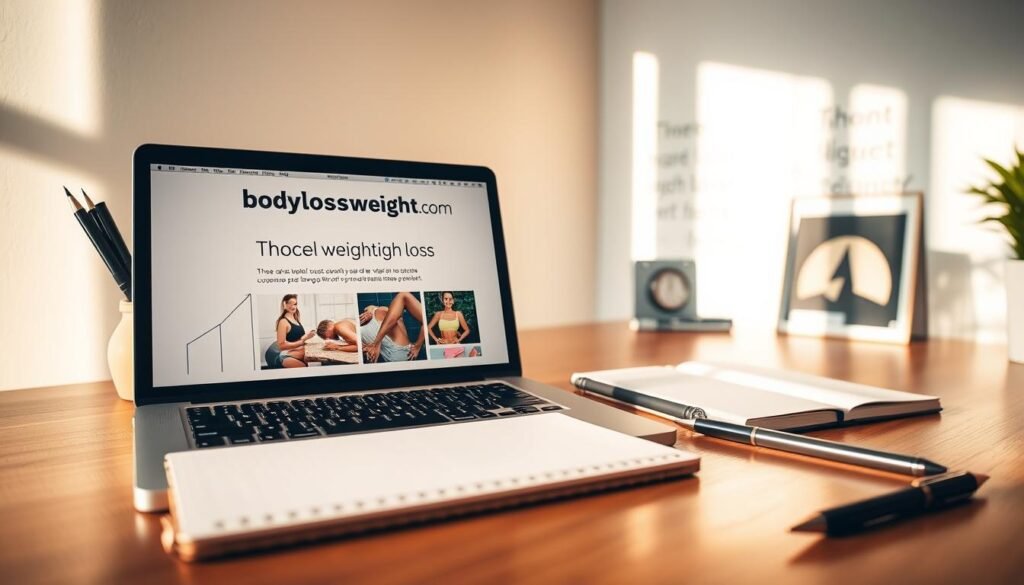 A well-lit, modern blog scene with a laptop displaying the "bodylossweight.com" website, surrounded by a minimalist workspace with a pen, notebook, and inspirational weight loss images. In the foreground, a stylized graph visualizes a weight loss journey, with motivational affirmations in the background. Warm, natural lighting casts a soft glow, creating an inviting and aspirational atmosphere for the viewer to imagine their own successful weight loss journey.