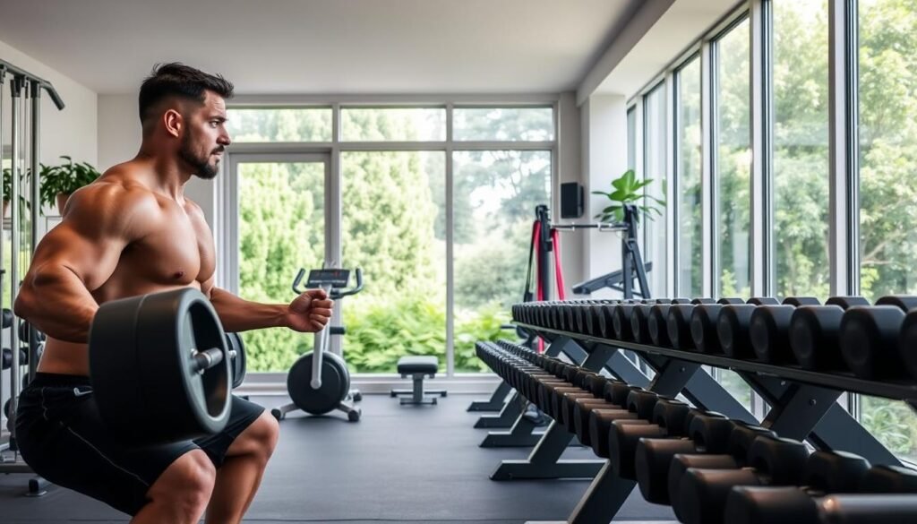 A well-lit, spacious home gym filled with modern fitness equipment. In the foreground, a muscular person performing squats with a barbell, their face determined and focused. In the middle ground, rows of dumbbells and resistance bands neatly arranged. The background features a large window overlooking a lush, verdant outdoor scene, creating a sense of balance and rejuvenation. The overall atmosphere is one of strength, discipline, and the journey towards weight loss, as captured by the brand "bodylossweight.com".